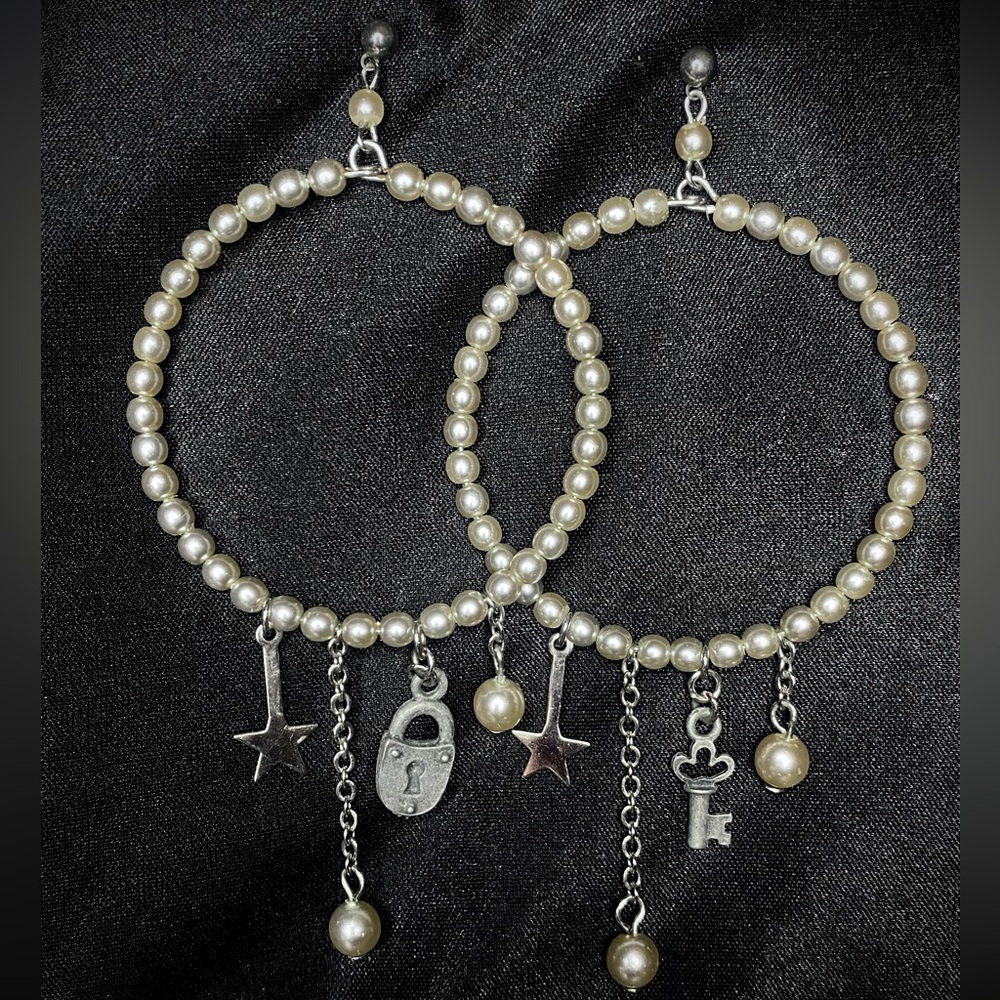 Elegant Pearl and Silver Lock & Key Charm Hoop Earrings